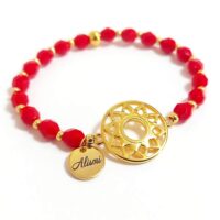 Pulsera elástica cristal de roca rojo de 6 mm con conector de aro filigrana baño oro para muñeca de 17 cm.