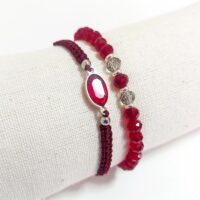 Pulsera Nudos Macramé color granate y cristal facetado engarzado en plata de ley 925.
