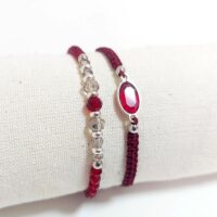 Pulsera Nudos Macramé color granate y cristal facetado engarzado en plata de ley 925.